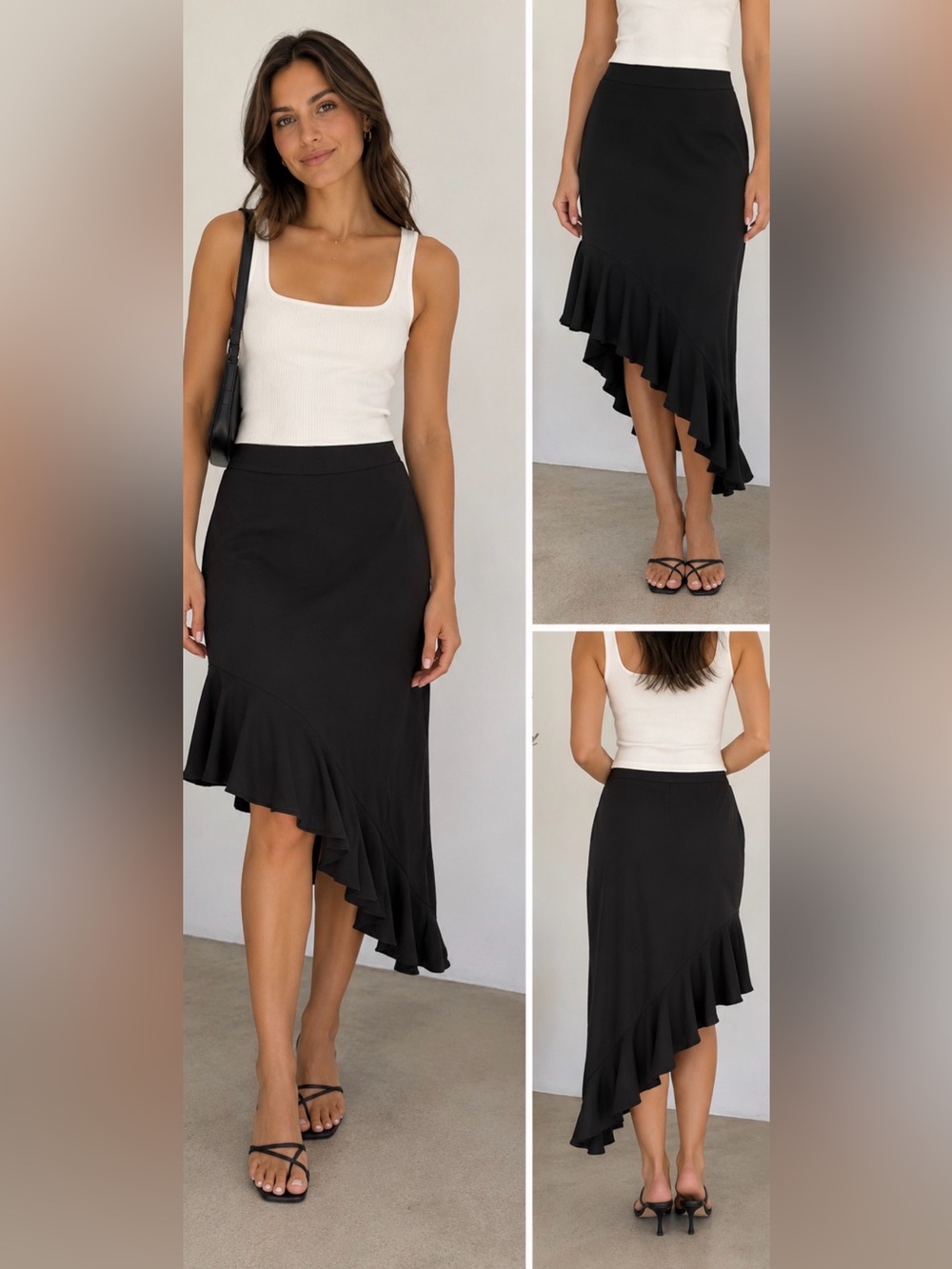 Forever 21 Black Asymmetrical Ruffle Midi Skirt Size Large